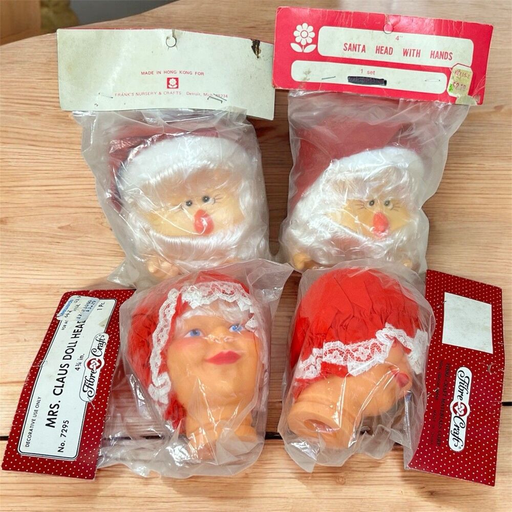 VTG Fibre Craft Doll Heads Mrs Claus & Santa Crafts 4-3/4” Christmas (Lot of 4)